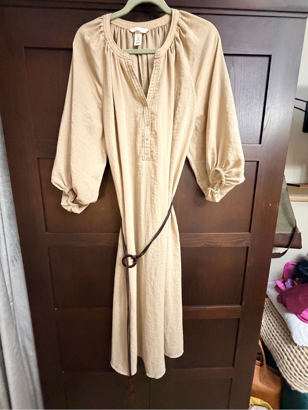H&M Tan Midi Peasant Dress with Belt